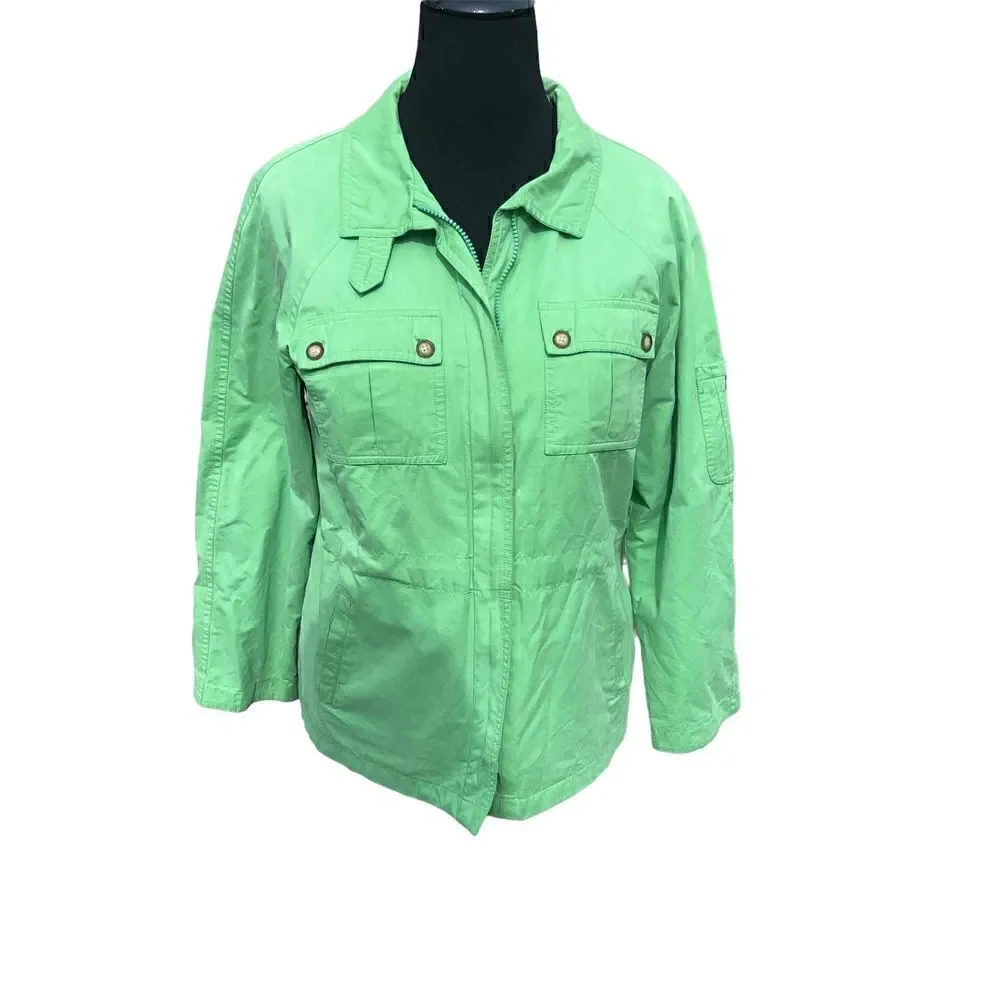 Talbots small vibrant green military style zip up jacket pockets career ￼